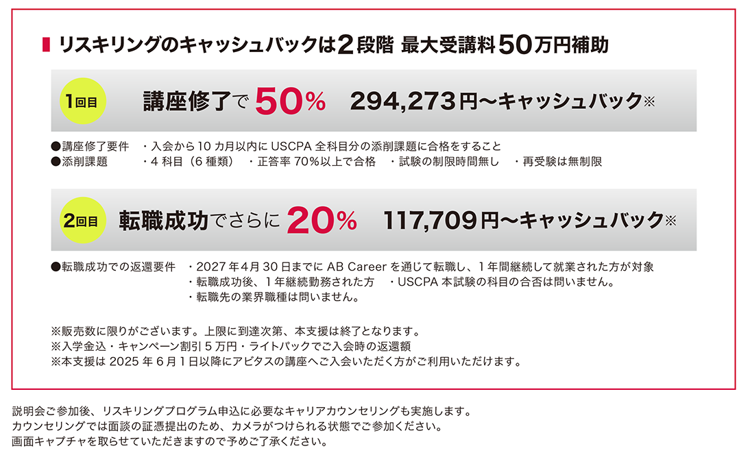 リスキリングでキャリア変革を後押し！ USCPAプログラム受講料
